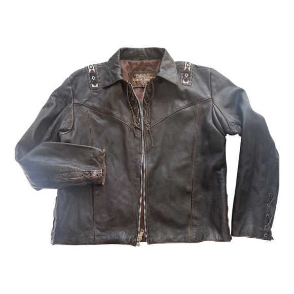 Vtg. Men's Leather Gallery Western Native Boho Lace-up Jacket Brown Beaded Rare - Picture 9 of 15